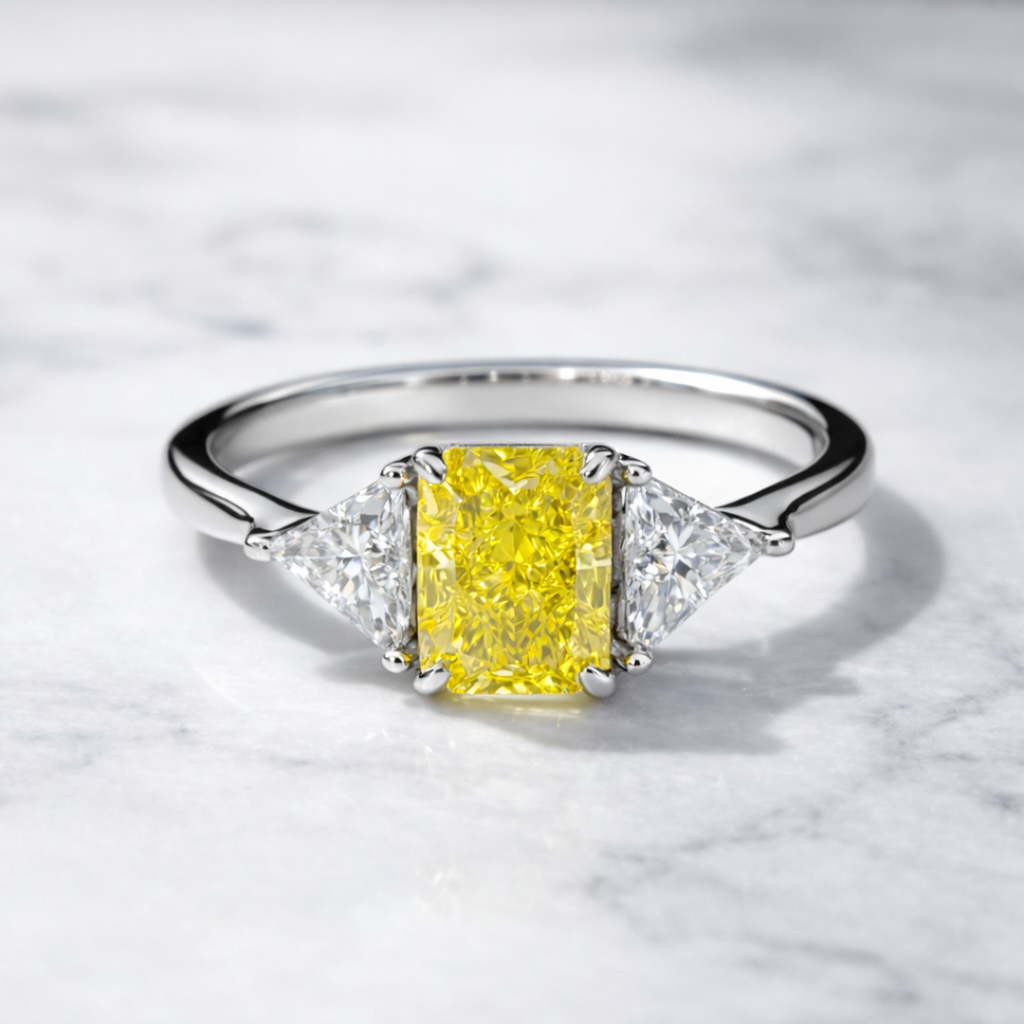 18K White Gold Yellow Lab Diamond Three-Stone Ring