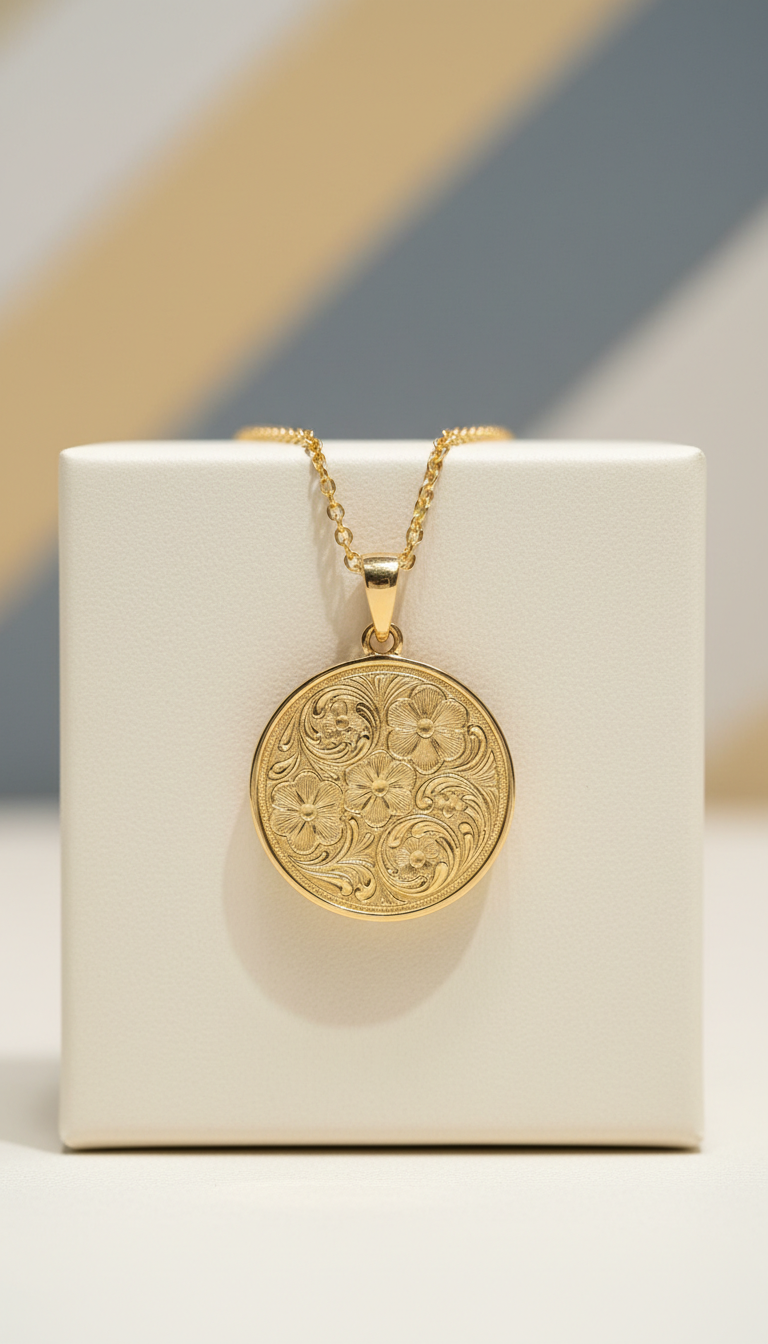 18k gold pendant necklace with hand-engraved detailing