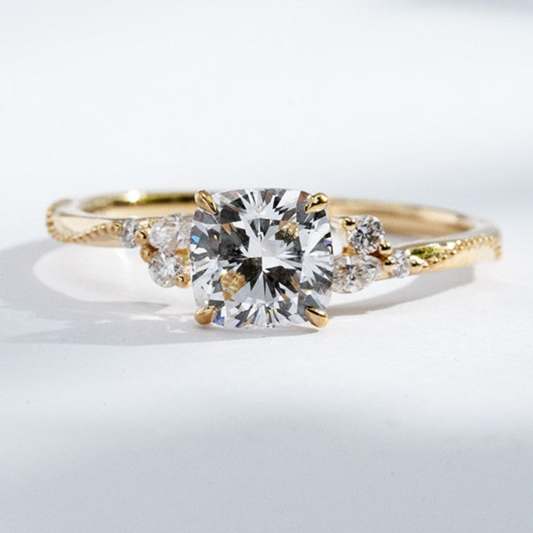 18K Yellow Gold 1.22ct Lab Grown Diamond Pavé Filigree Ring | Cushion Cut