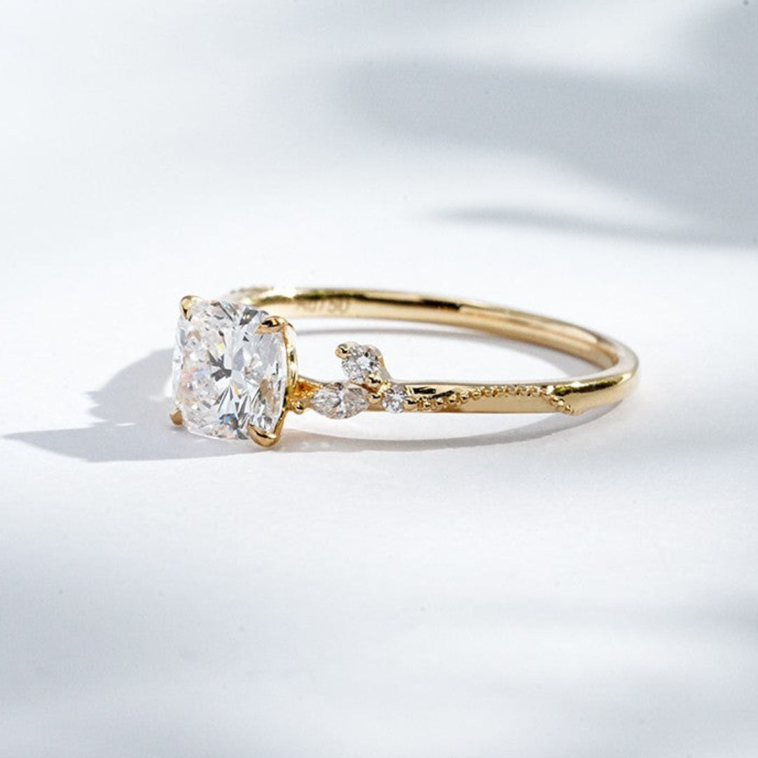 18K Yellow Gold 1.22ct Lab Grown Diamond Pavé Filigree Ring | Cushion Cut