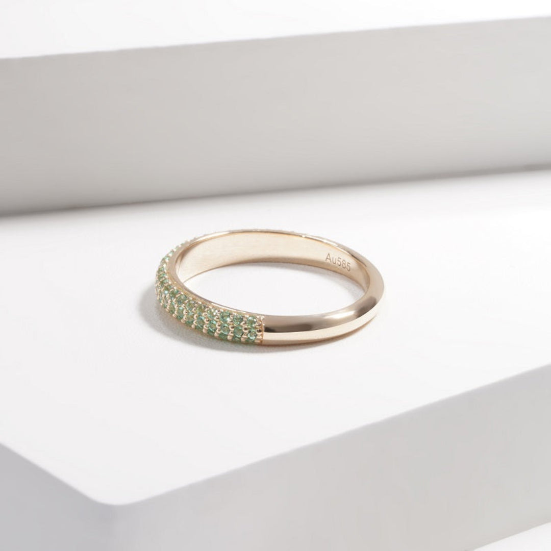 14K Yellow Gold Lab Emerald Eternity Ring | Colombian Green