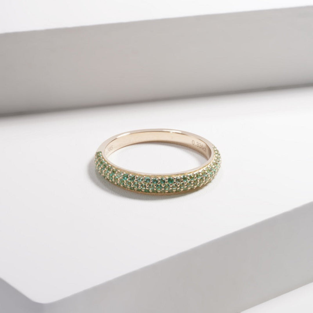 14K Yellow Gold Lab Emerald Eternity Ring | Colombian Green