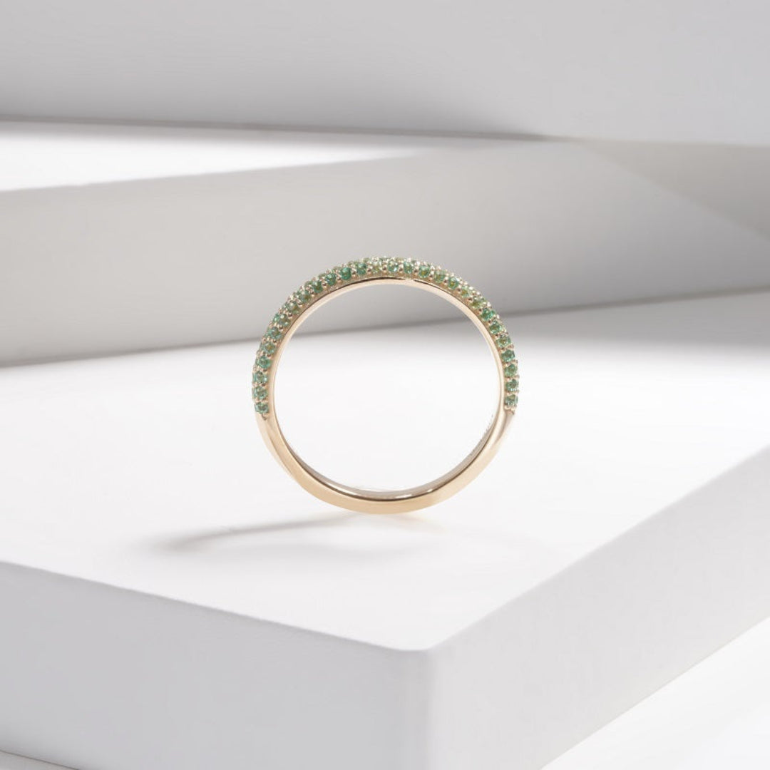 14K Yellow Gold Lab Emerald Eternity Ring | Colombian Green