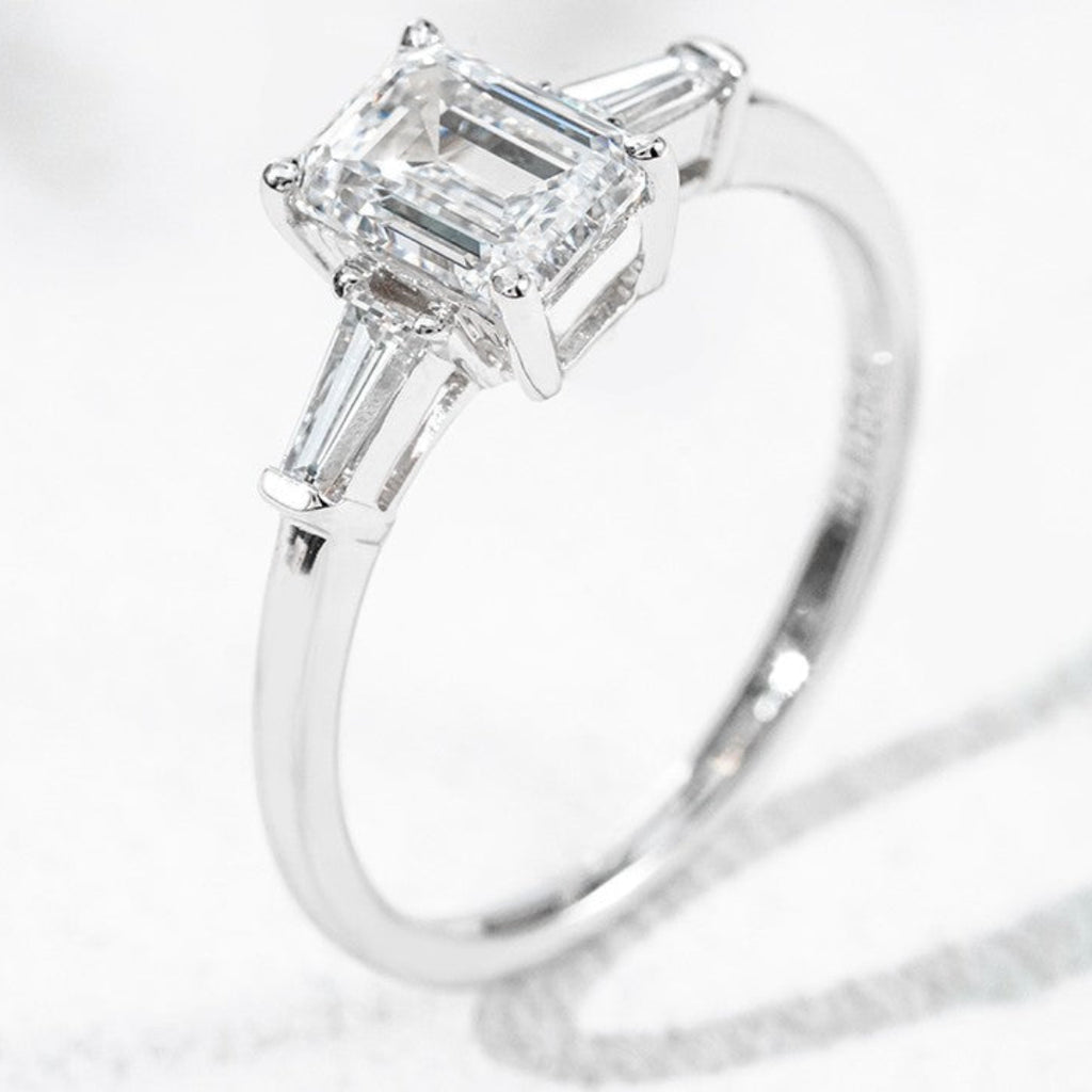 18K White Gold 1.21ct Lab Grown Diamond Three-Stone Ring | Emerald Cut