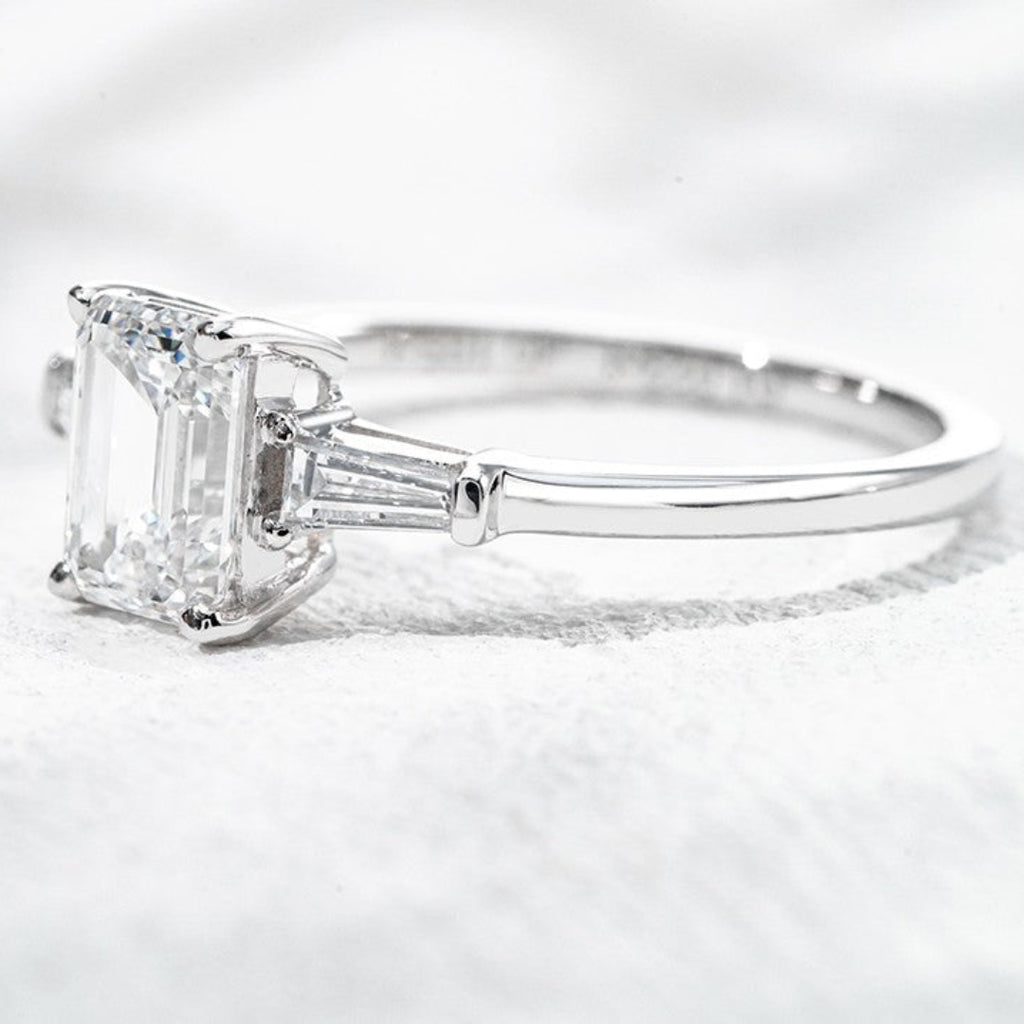 18K White Gold 1.21ct Lab Grown Diamond Three-Stone Ring | Emerald Cut