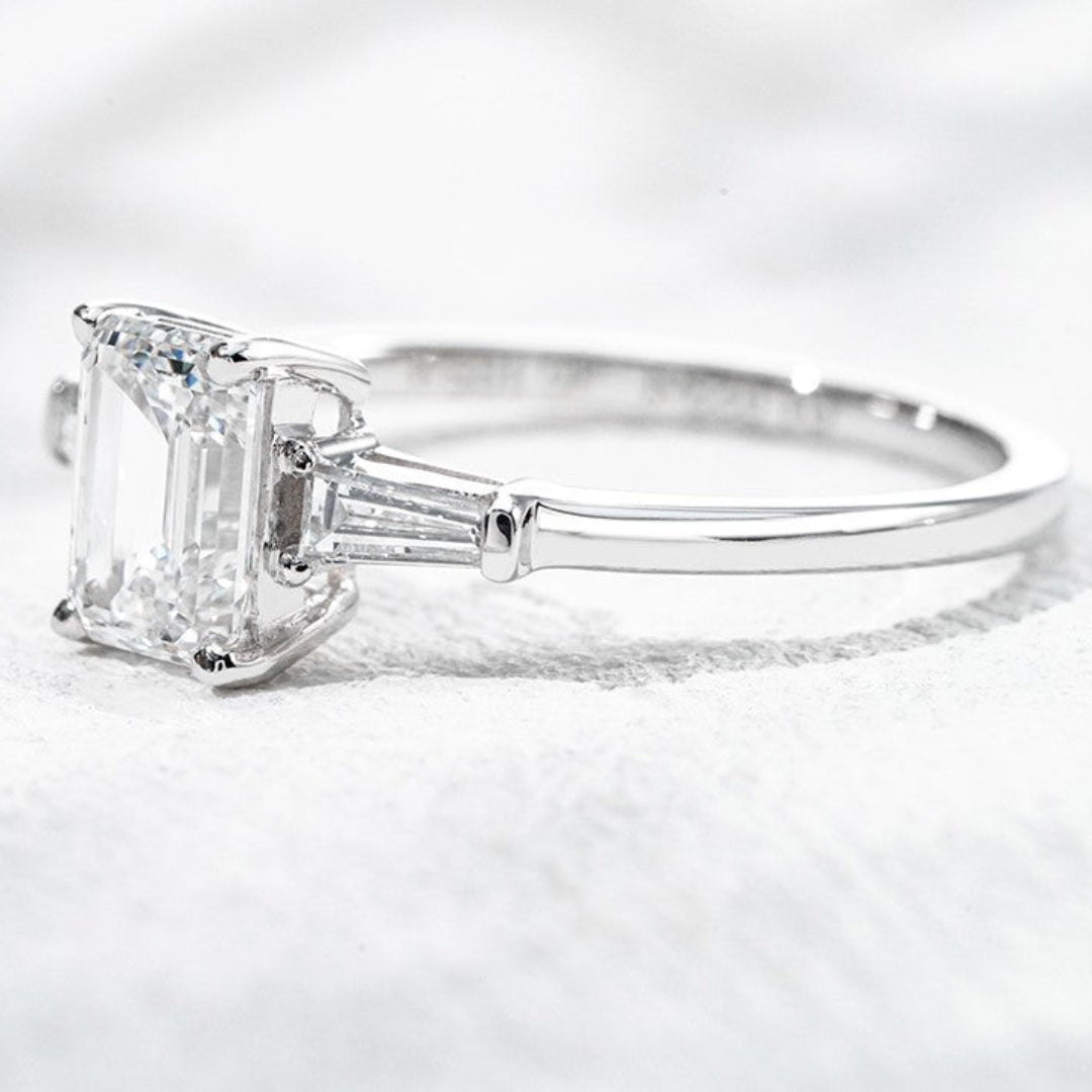 18K White Gold 1.21ct Lab Grown Diamond Three-Stone Ring | Emerald Cut