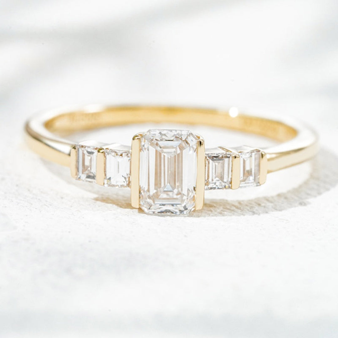 14K Yellow Gold 0.68ct Lab Grown Diamond Pavé Ring | Emerald Cut