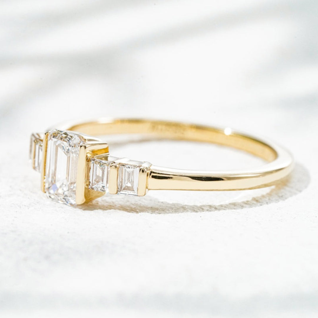 14K Yellow Gold 0.68ct Lab Grown Diamond Pavé Ring | Emerald Cut