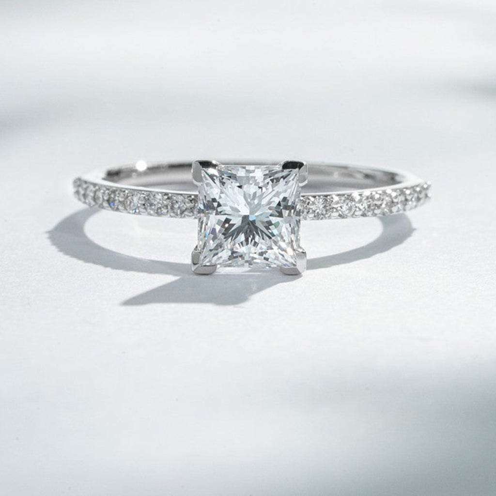 18K White Gold 1.20ct Lab Grown Diamond Pavé Ring | Princess Cut