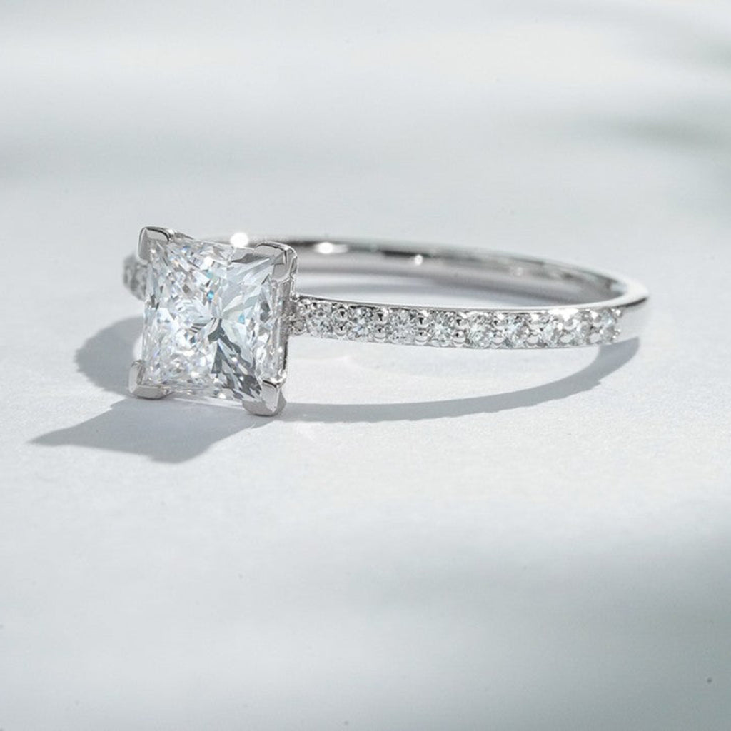 18K White Gold 1.20ct Lab Grown Diamond Pavé Ring | Princess Cut